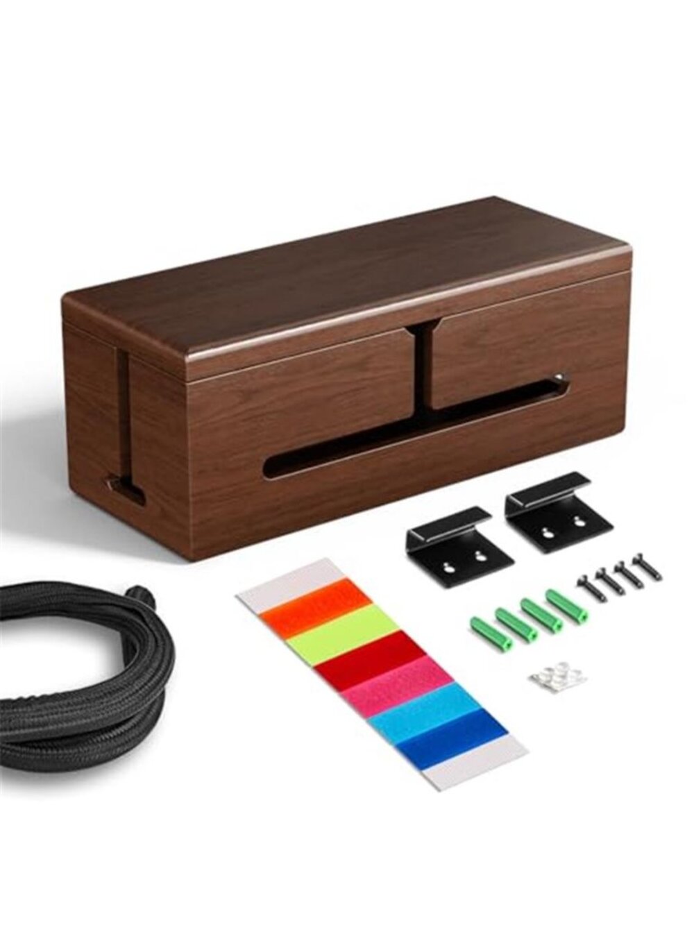 Large Wood Cable Management Box Wire Organizer Cord Concealer Storage Brown Desk